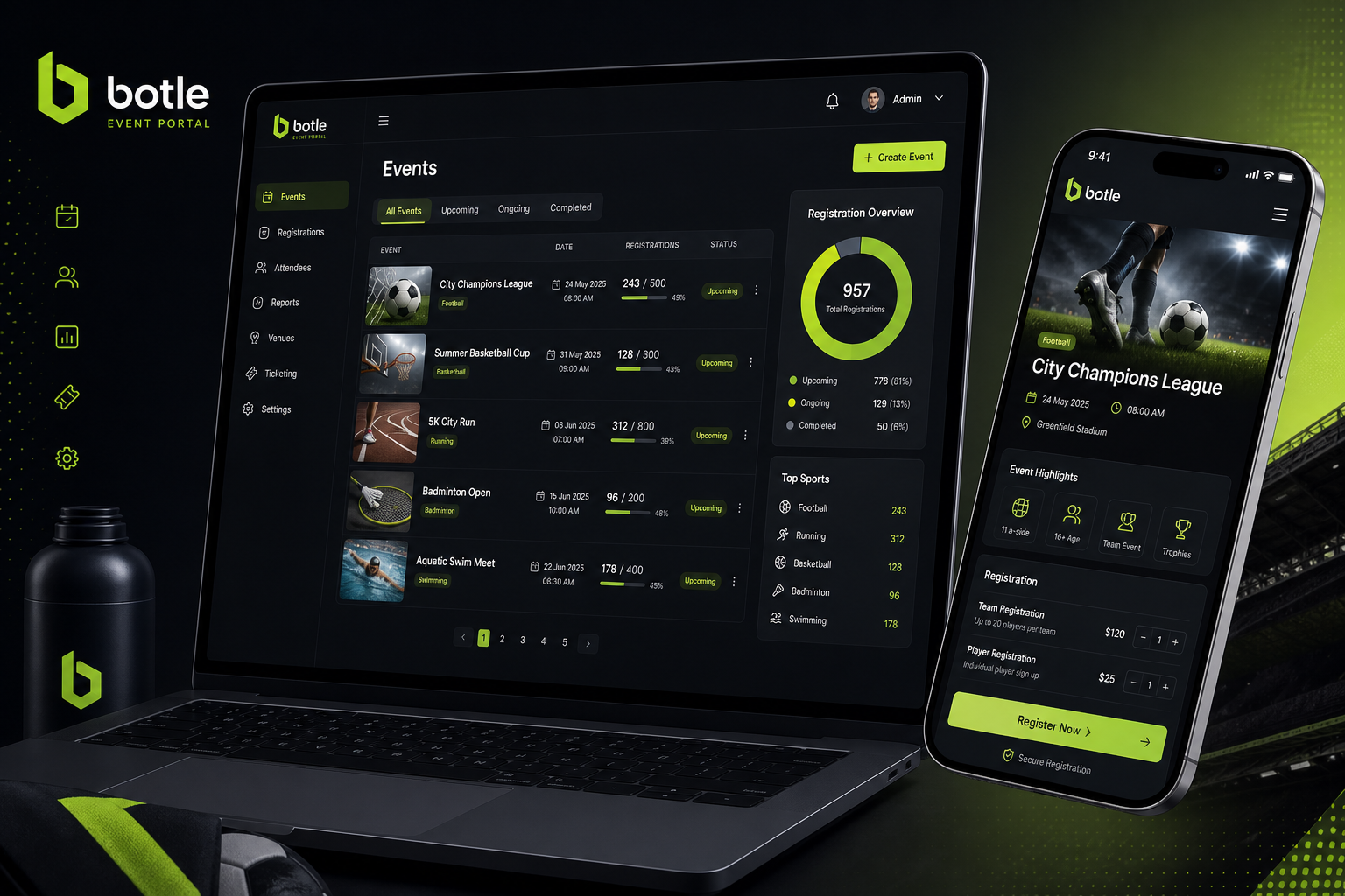 Botle event portal overview on desktop and mobile