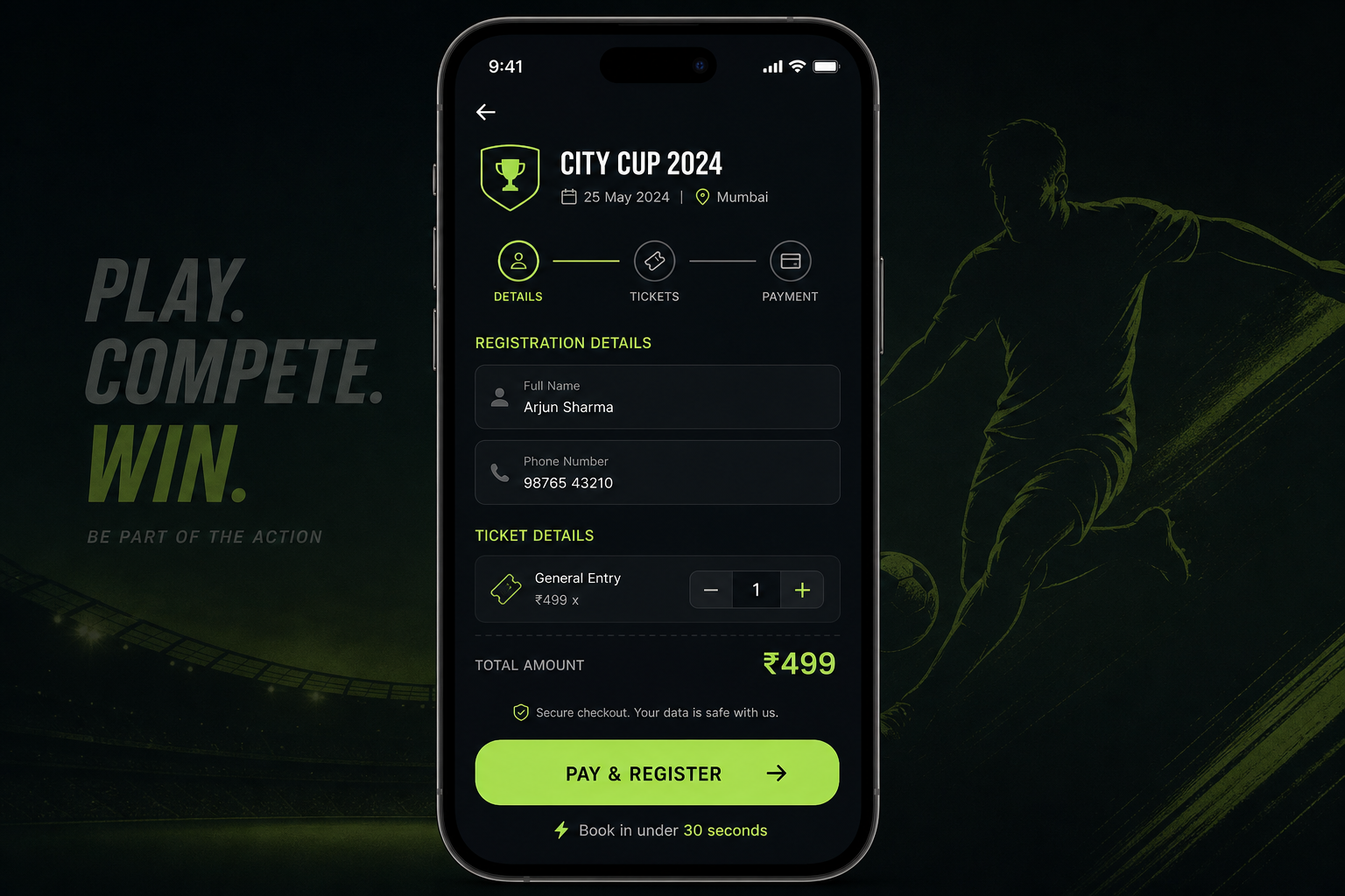 Mobile quick booking flow with name, phone, and pay button