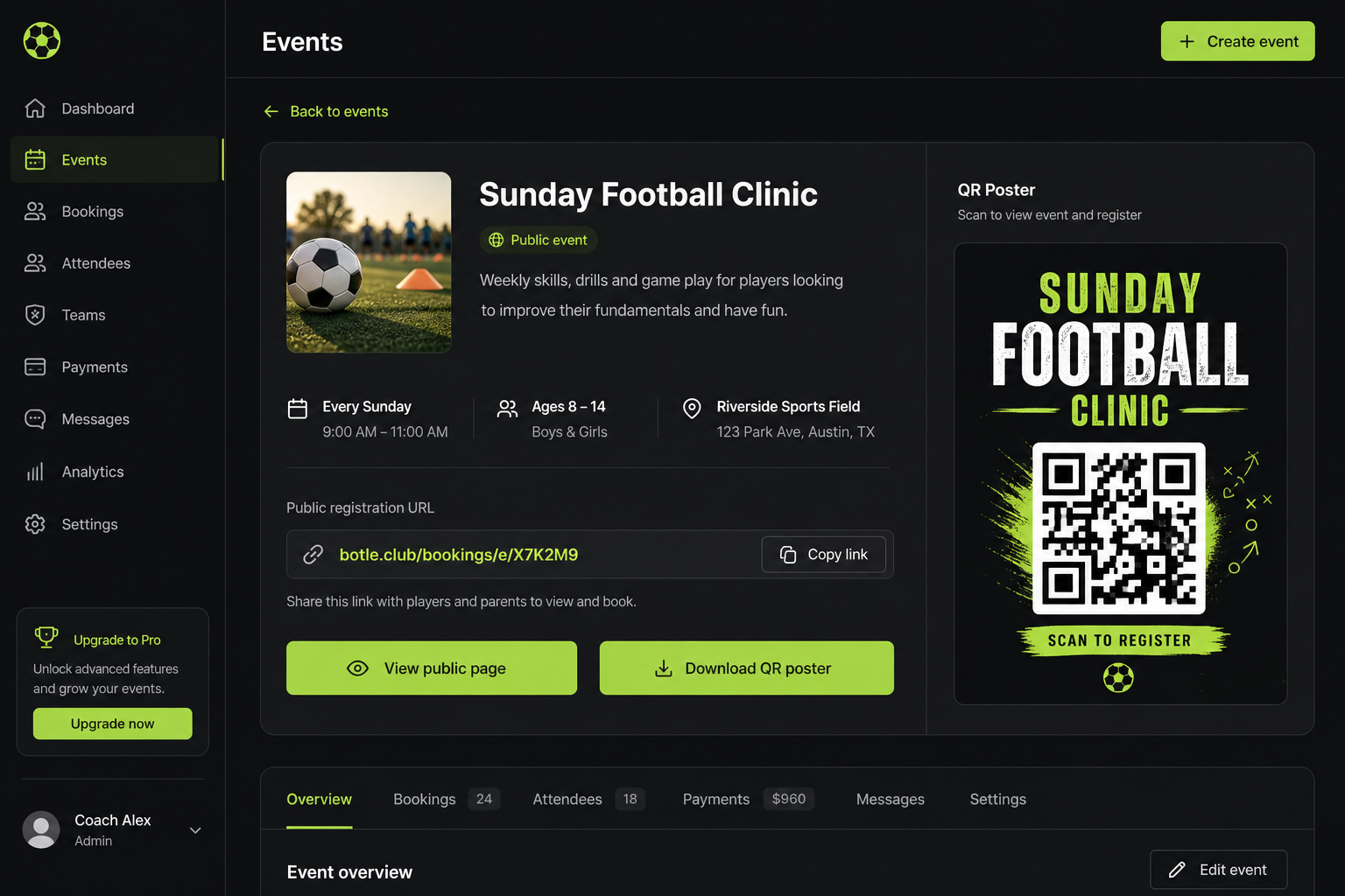Event registration link and QR code poster in the botle event portal