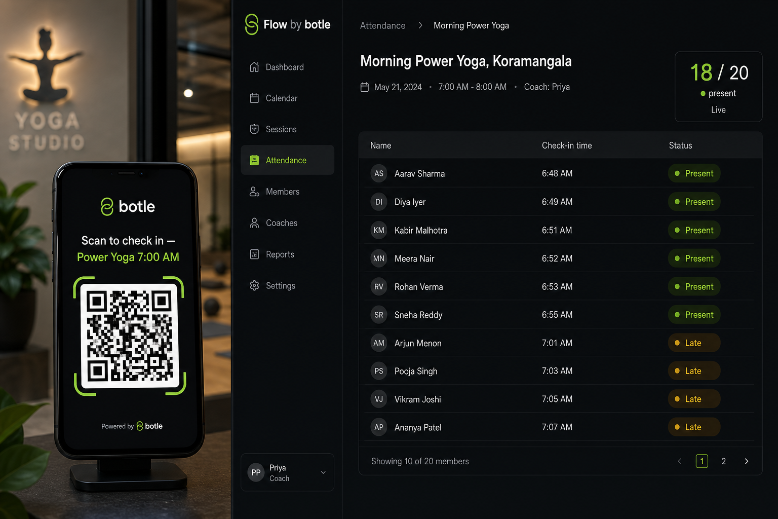 QR check-in on a phone next to a live attendance list in Flow by botle