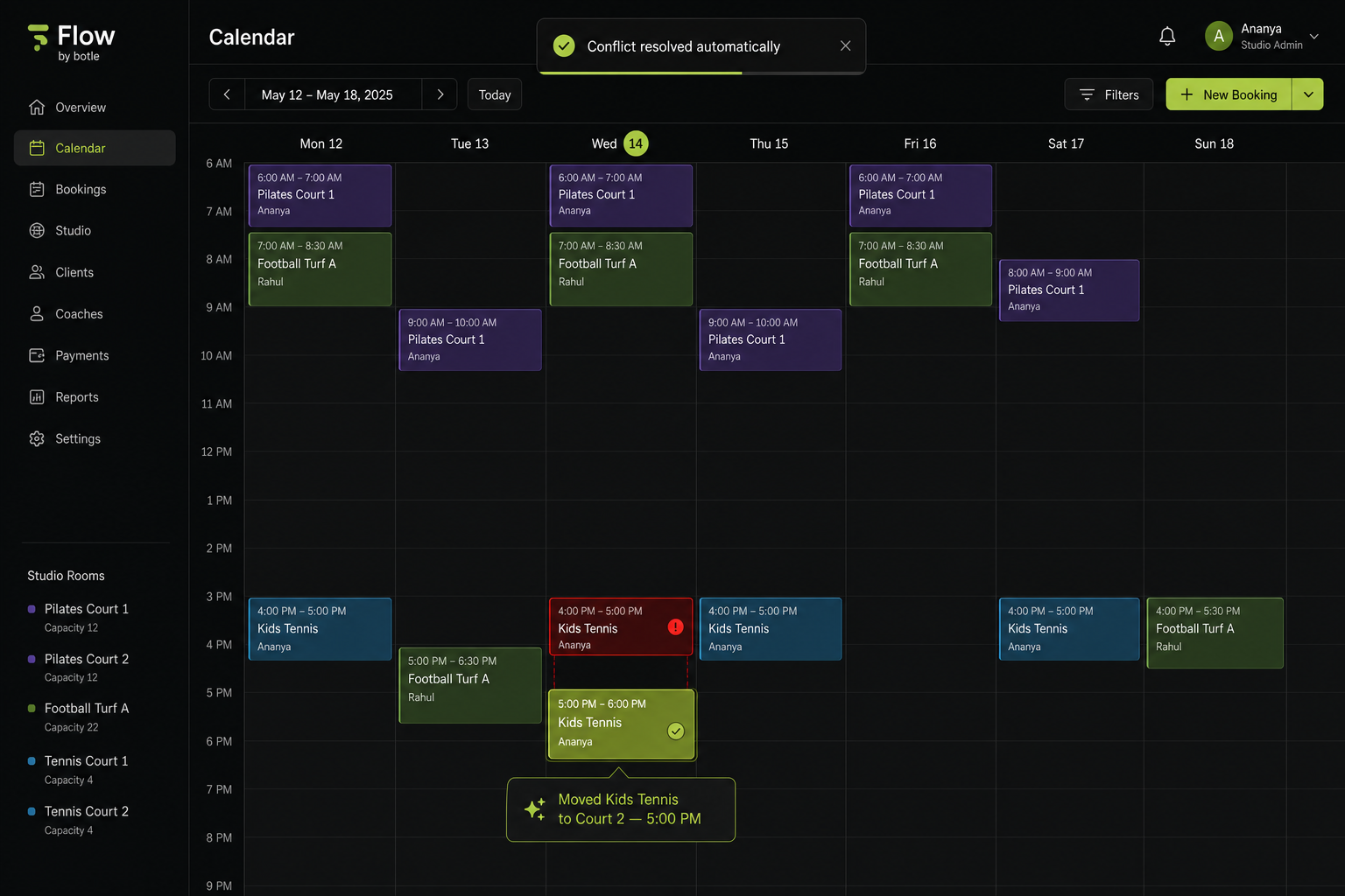 Weekly session calendar with automatic conflict resolution in Flow by botle
