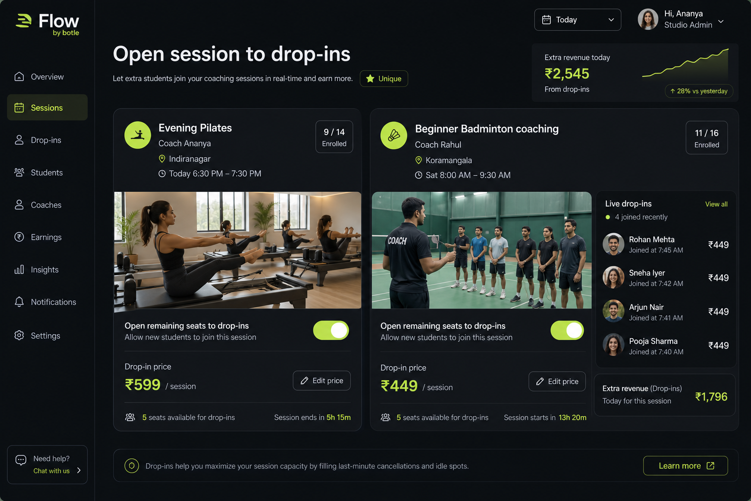 Flow by botle opening remaining seats in pilates and badminton coaching sessions to drop-ins