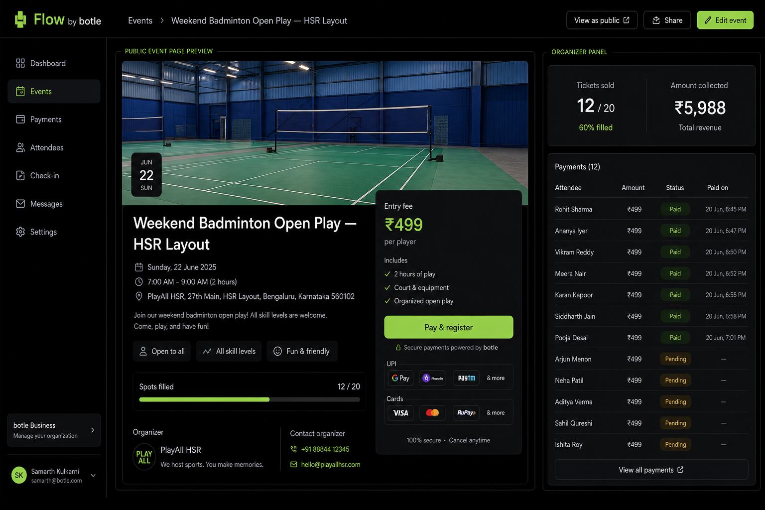 Event page with Pay and register and collected payments in Flow by botle