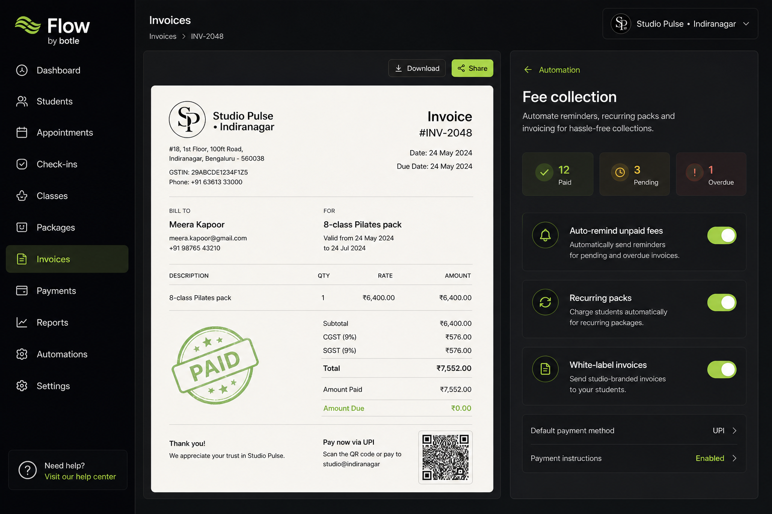 White-labeled academy invoice and automated fee collection in Flow by botle