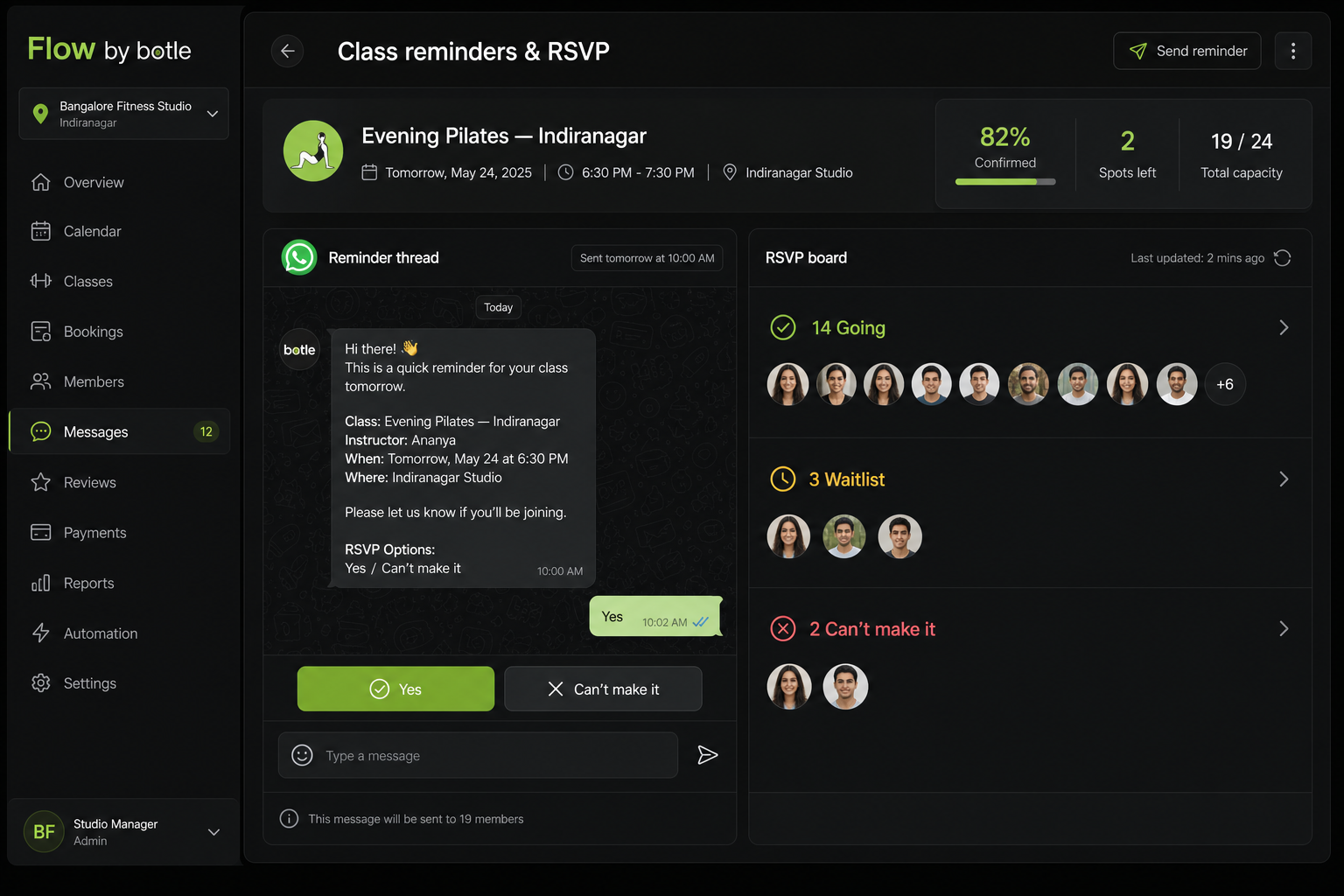 Flow by botle class reminder and RSVP board showing who is going to evening Pilates
