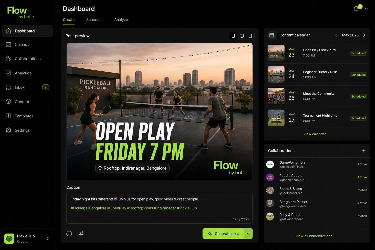 Social content calendar and creator collaborations in Flow by botle