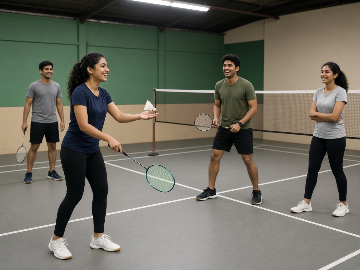 Colleagues playing badminton together