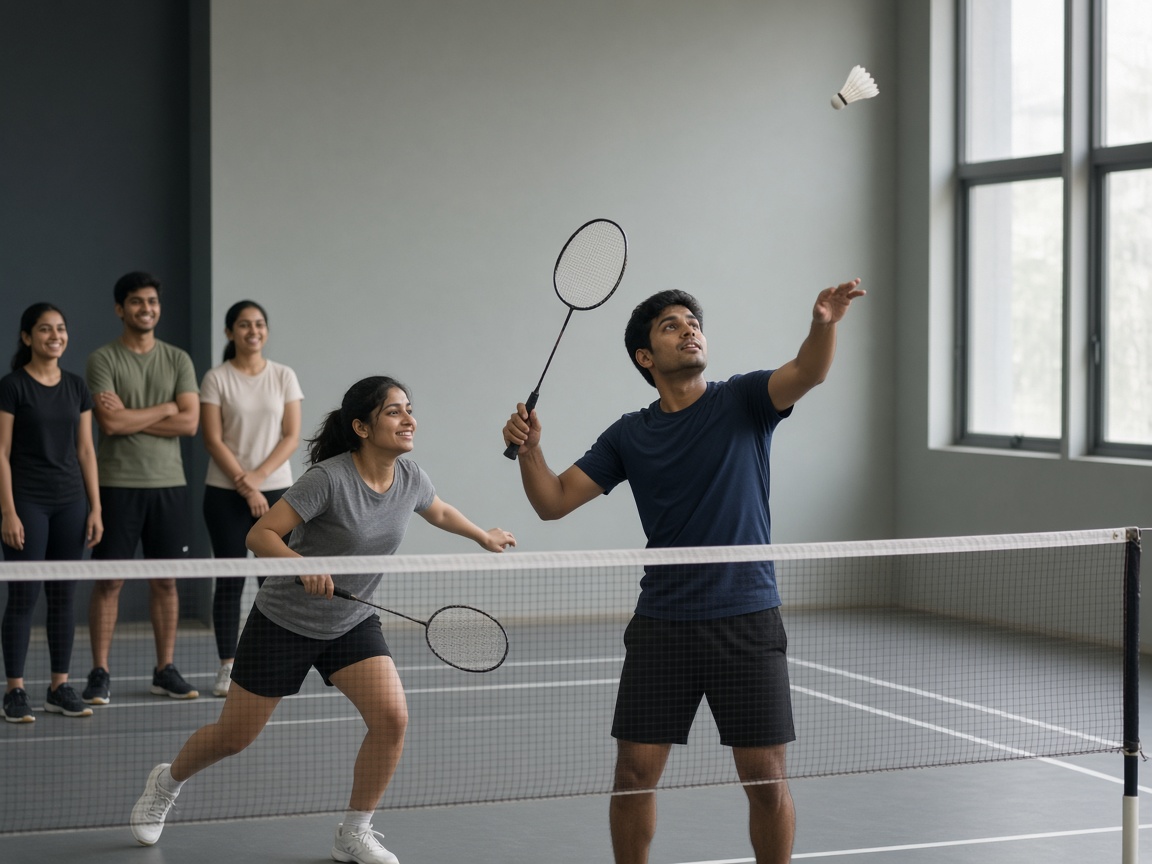 Colleagues in a casual badminton rally